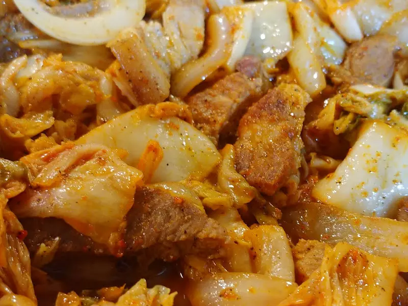 돼지고기와 김치의 클로즈업