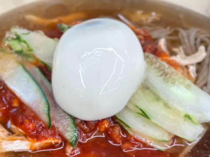 물밀면의 클로즈업 사진. 면 위에 얇게 슬라이스된 오이와 빨간 양념, 삶은 계란 반쪽이 올려져 있다.