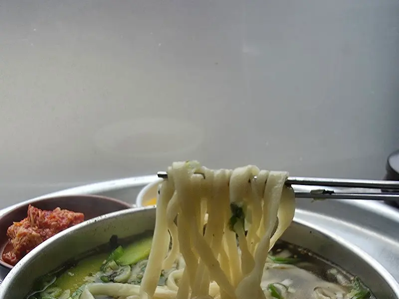 젓가락으로 들어올린 칼국수 면