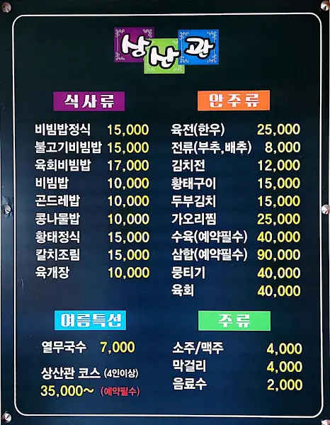 상산관 메뉴판
