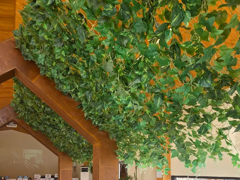 카페 내부 천장에 장식된 푸른 잎