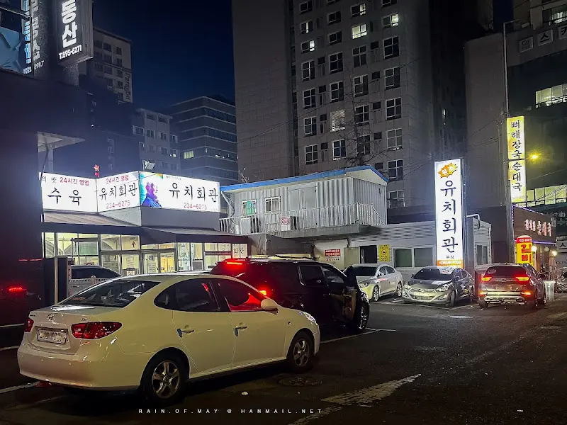 늦은 밤에도 환하게 불을 밝히고 있는 유치회관의 외관