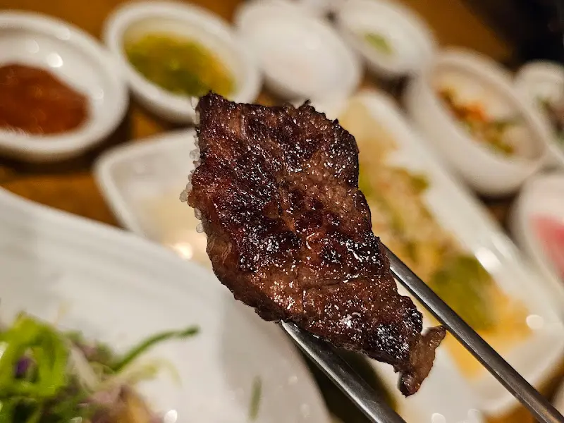 젓가락으로 집은 고기 한 점