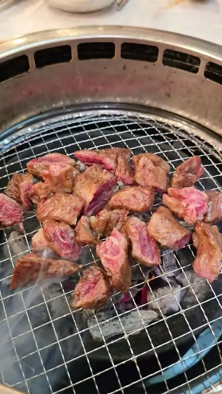 숯불 위에서 맛있게 익어가는 잘게 썰린 한우