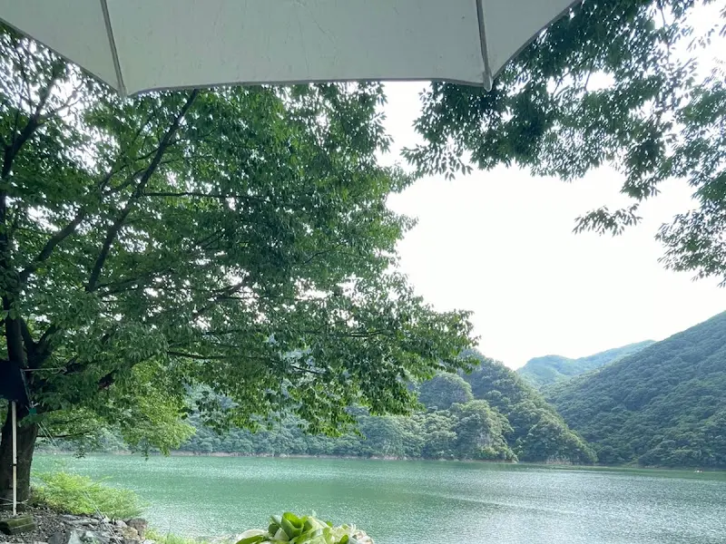 파라솔 아래 보이는 대아저수지 뷰