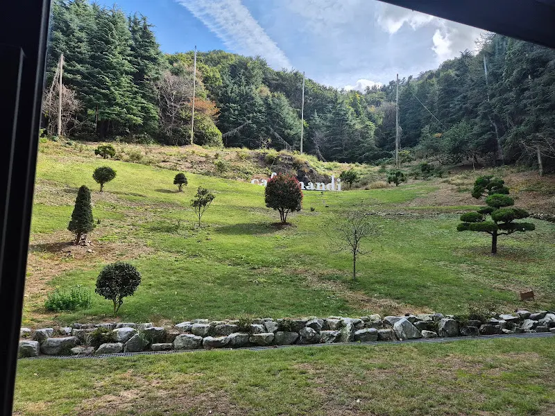 통창 너머로 보이는 초록 언덕 뷰