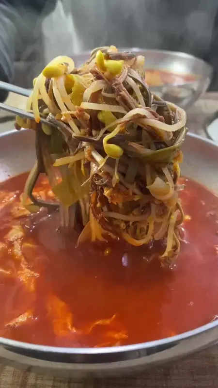젓가락으로 들어올린 육개장의 푸짐한 건더기