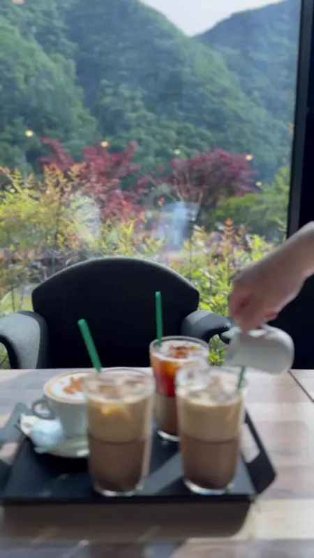 탁 트인 창밖으로 웅장한 산세가 펼쳐진 카페 모레이의 모습