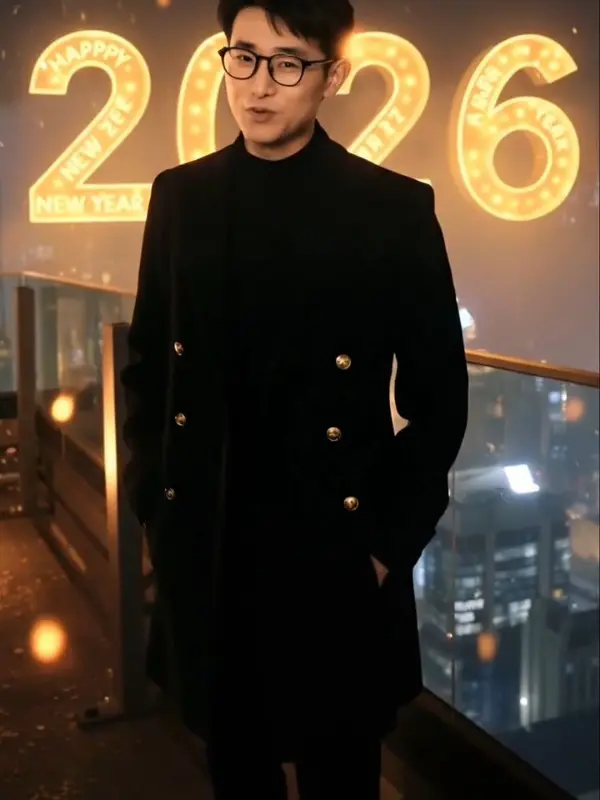 2026년을 기념하는 장식 앞에서 포즈를 취한 남성