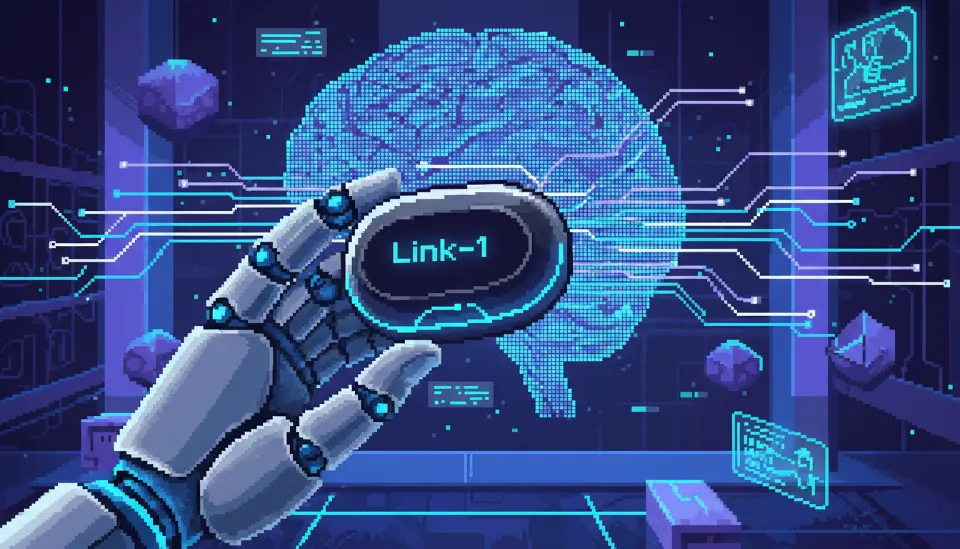 푸른색 광섬유 빛이 흐르는 뉴럴링크 Link-1 칩과 디지털 데이터 스트림으로 연결된 인간의 뇌 신경망 그래픽