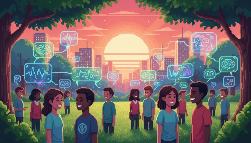 스마트폰 없이 서로를 바라보며 대화하는 사람들 주변으로 투명한 홀로그램 인터페이스와 뇌파 소통을 상징하는 빛의 고리가 표현된 모습