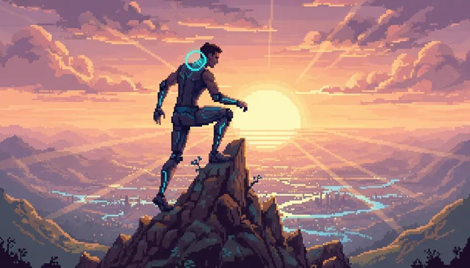 뉴럴링크를 통해 의수를 자유자재로 조절하며 산을 오르는 사람과 목 뒤에서 은은하게 빛나는 BCI 장치