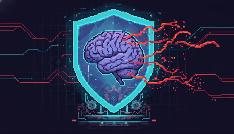 붉은색 악성 코드로부터 인간의 뇌를 보호하는 푸른색 디지털 방어막과 신경 보안 시스템을 상징하는 사이버펑크 스타일의 그래픽