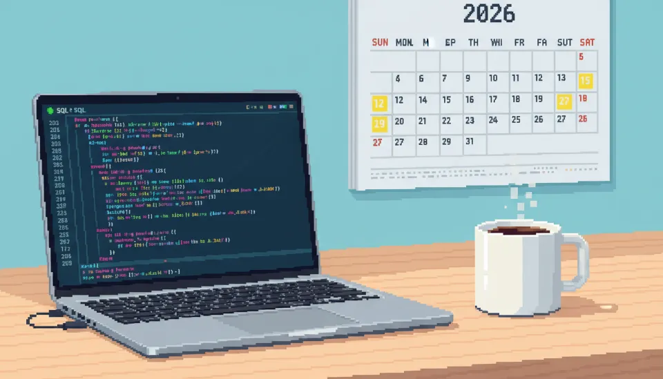 2026년 시험 일정이 표시된 달력과 SQL 쿼리 코드가 실행 중인 노트북이 놓인 현대적이고 전문적인 직장인의 책상 풍경