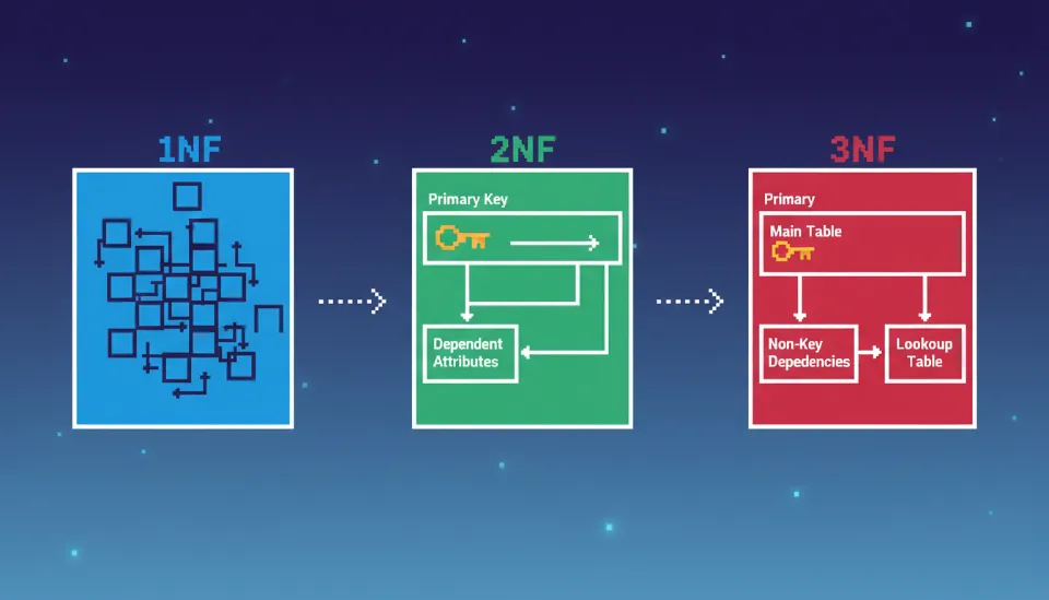 데이터베이스 정규화 과정을 단계별로 시각화한 교육용 인포그래픽과 SQLD 핵심 개념 정리 도표
