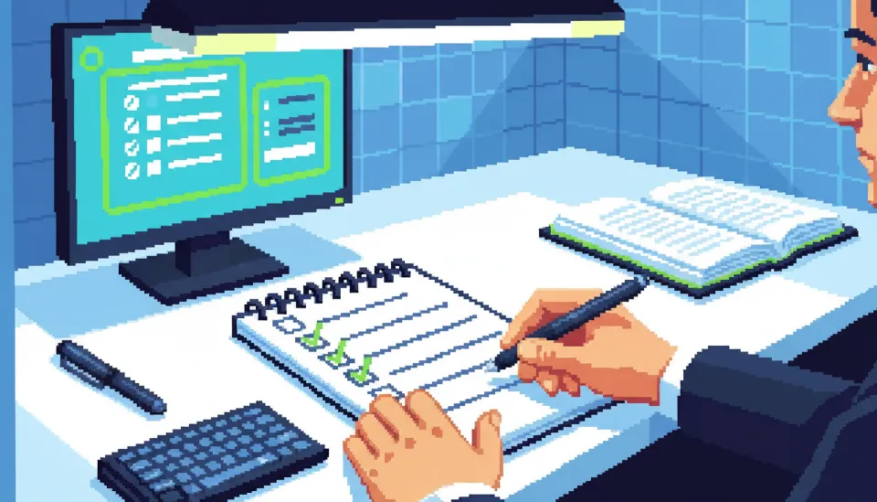 컴퓨터로 진행되는 실전 시험 환경에서 핵심 체크리스트를 확인하며 문제를 풀고 있는 수험생의 모습