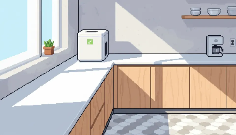 현대적인 한국 아파트 주방 카운터 위에 설치된 세련된 디자인의 가정용 음식물 처리기와 햇살이 비치는 깔끔한 인테리어 전경