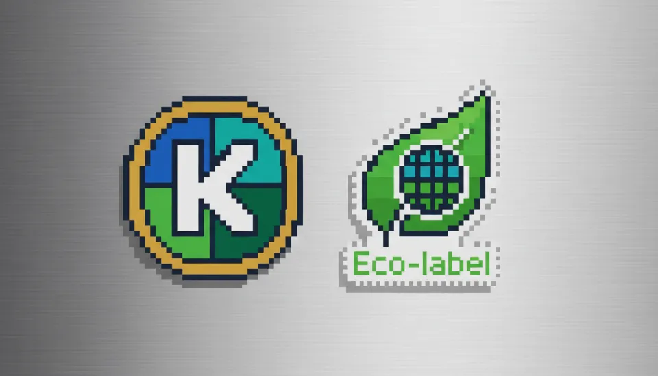 가정용 전자제품의 금속 표면에 부착된 국가 인증 K-마크와 환경표지 인증 스티커의 선명한 근접 촬영 이미지