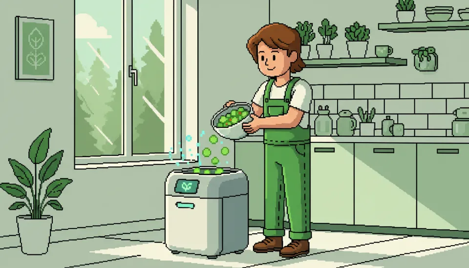 깨끗한 주방 환경에서 미생물 방식의 음식물 처리기에 유기농 채소 쓰레기를 넣으며 환경 보호를 실천하는 모습