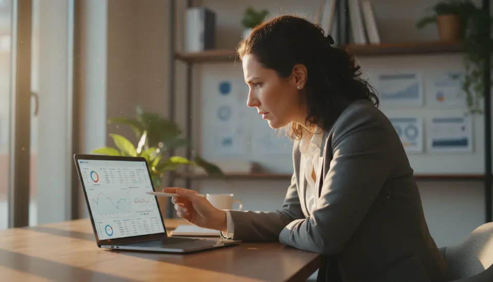 현대적인 사무실 환경에서 노트북 화면으로 네이버 플레이스 검색 순위 데이터를 분석하는 마케팅 전문가의 모습