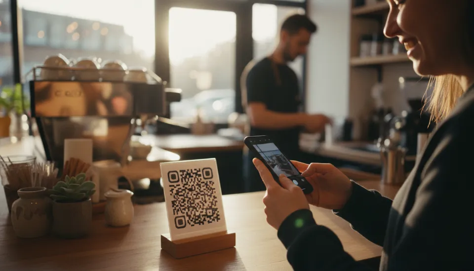 카페 카운터에서 고객이 QR 코드를 스캔하여 매장 리뷰를 작성하는 자연스러운 장면