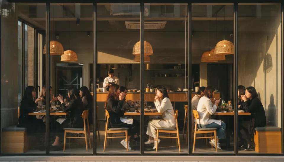 세련된 인테리어와 현대적인 감각이 돋보이는 성수동의 퓨전 한식 다이닝 레스토랑 전경