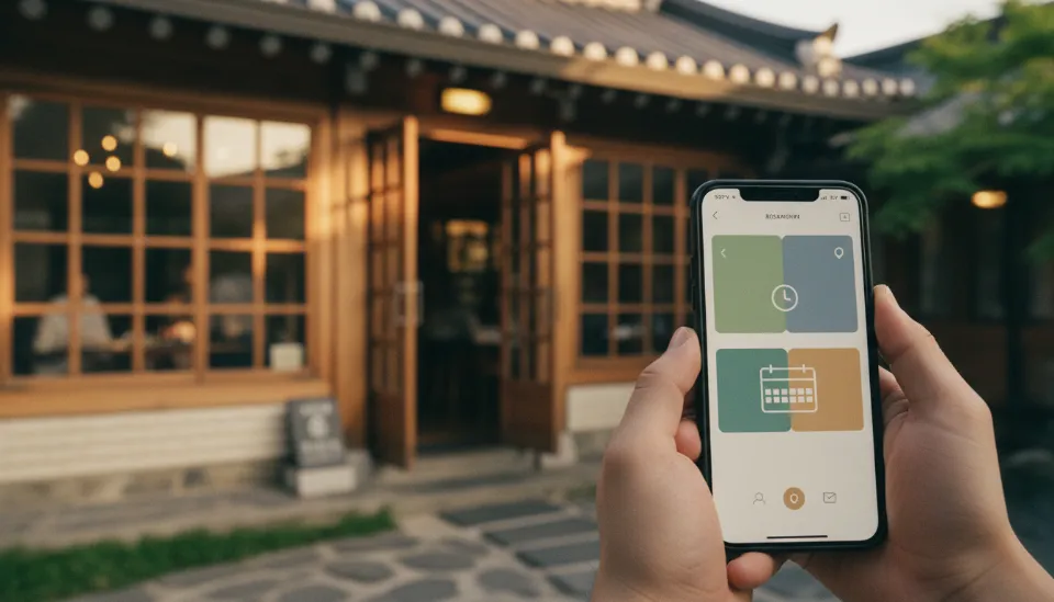 레스토랑 예약 애플리케이션 화면과 그 뒤로 보이는 분주한 식당 입구의 모습