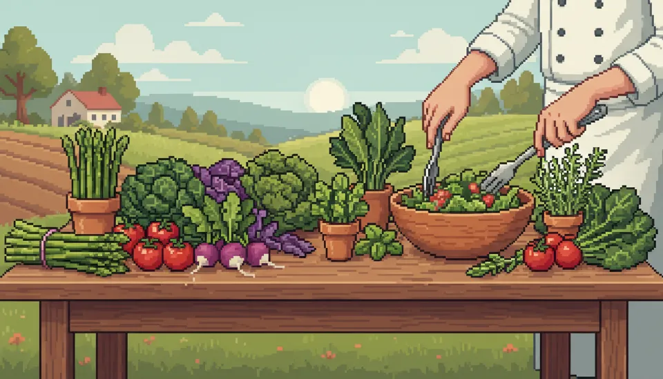 거친 질감의 나무 테이블 위에 정갈하게 놓인 봄 제철 나물과 신선한 채소들을 손질하는 셰프의 손길이 담긴 팜 투 테이블 컨셉의 이미지