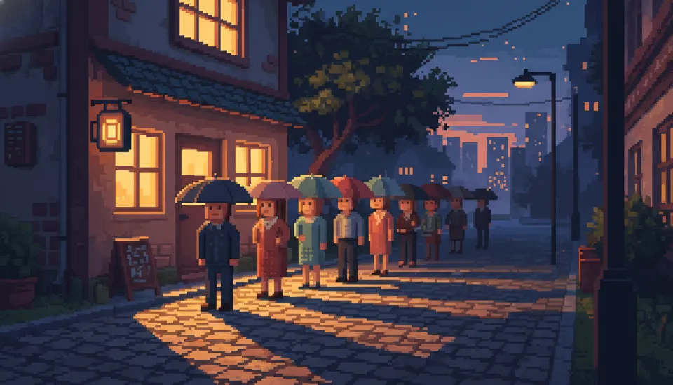 해질녘 고즈넉한 골목 어귀에 위치한 따뜻한 노란 조명의 작은 식당과 그 앞에서 차분하게 순서를 기다리는 사람들의 감성적인 풍경