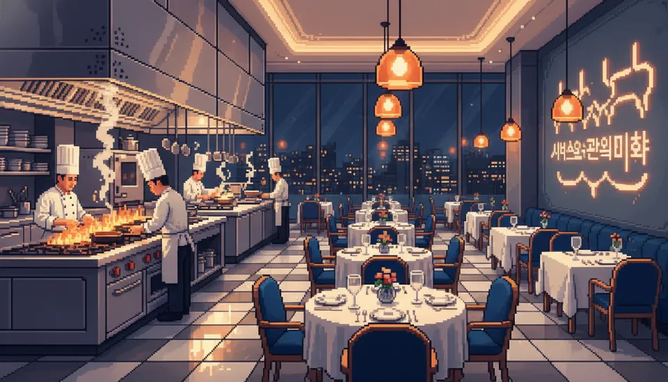 청결하고 활기찬 오픈 키친에서 요리에 집중하는 셰프들과 고급스러운 테이블 세팅이 돋보이는 모던한 레스토랑 인테리어