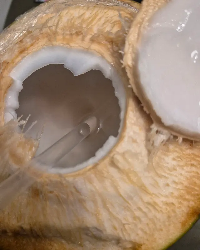 코코넛 껍질을 잘라 만든 신선한 코코넛 워터