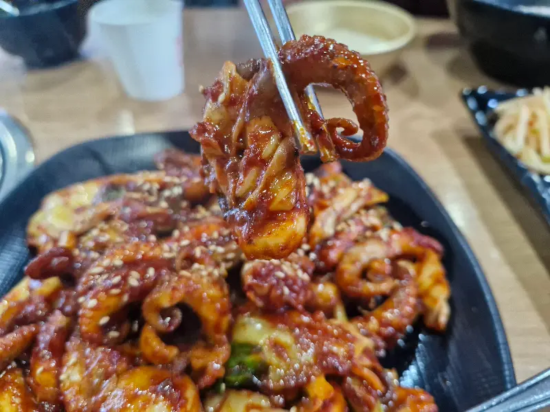 젓가락으로 쭈꾸미 들어올린 모습