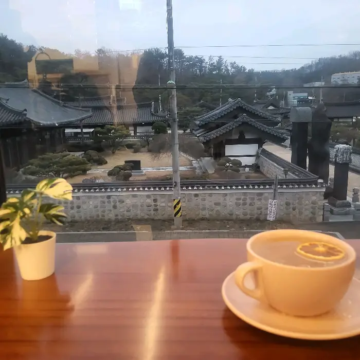 창가에 놓인 차 한 잔과 작은 화분