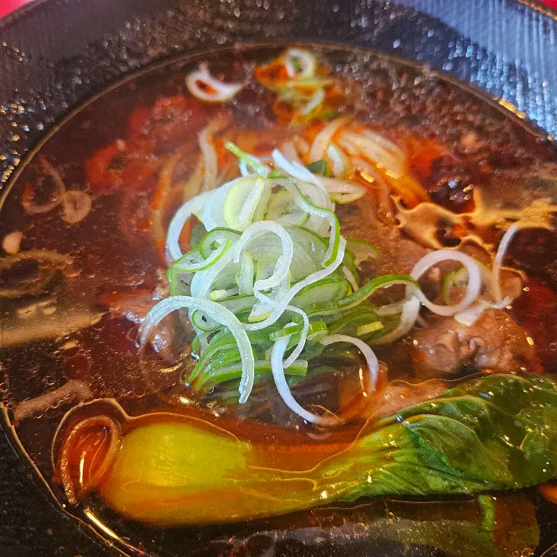 진한 국물에 면과 고기가 푸짐하게 담긴 우육면의 모습. 고명으로 파채가 듬뿍 올려져 있다.