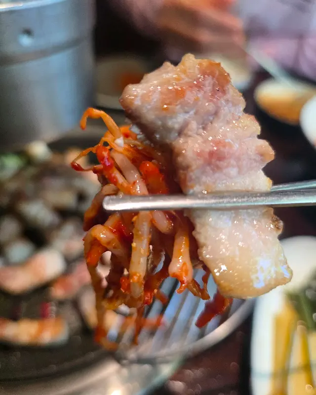 젓가락으로 집어 올린 고기와 곁들임