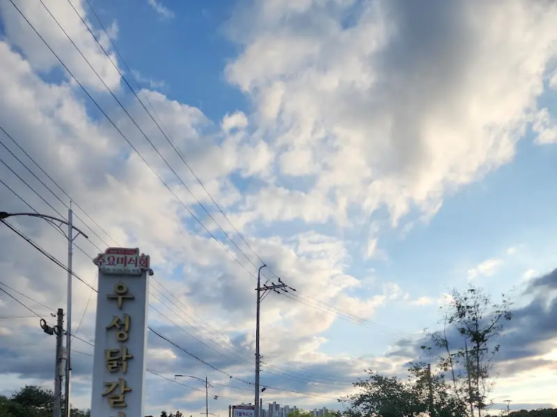 우성닭갈비 간판 사진. 파란 하늘과 흰 구름을 배경으로 우뚝 서 있는 간판이 인상적이다.