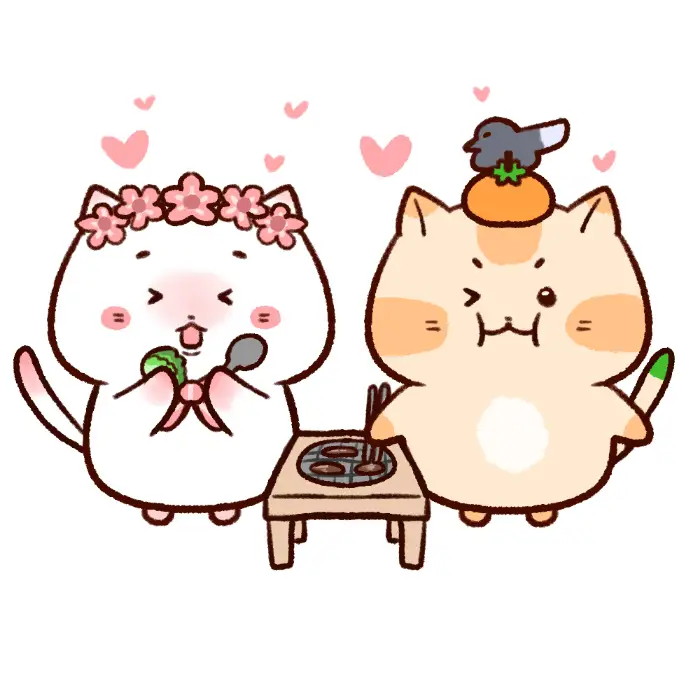 귀여운 고양이 캐릭터가 음식을 즐기는 그림