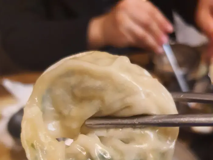 집게로 집어 올린 김이 모락모락 나는 만두