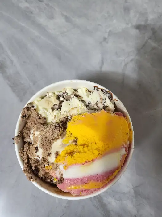 여러 가지 맛의 아이스크림이 섞여 있는 아이스크림 케이크