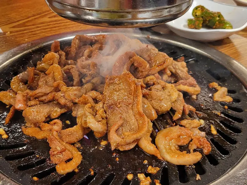 불판 위에서 맛있게 구워지고 있는 양념 오리고기
