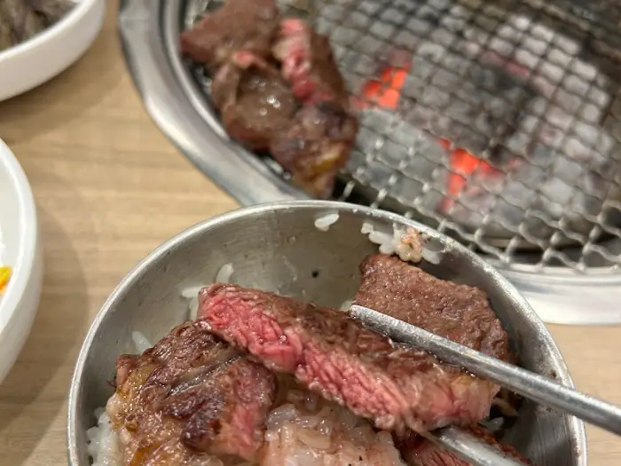 젓가락으로 밥 위에 올려진 고기를 집어 올리는 모습
