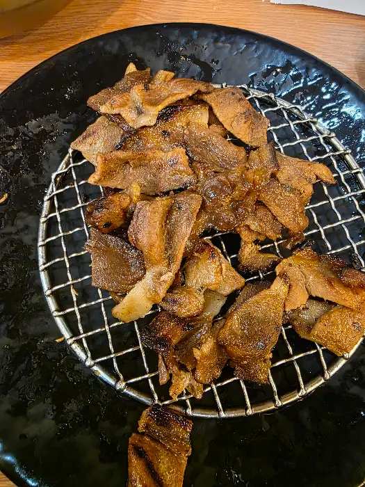숯불에 구워진 얇은 고기 조각들이 겹겹이 쌓여 있습니다. 먹음직스러운 갈색빛을 띠고 있으며, 일부 조각에서는 불향이 느껴지는 듯합니다.