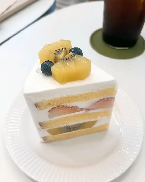 딸기, 키위, 블루베리가 들어간 생크림 케이크 한 조각