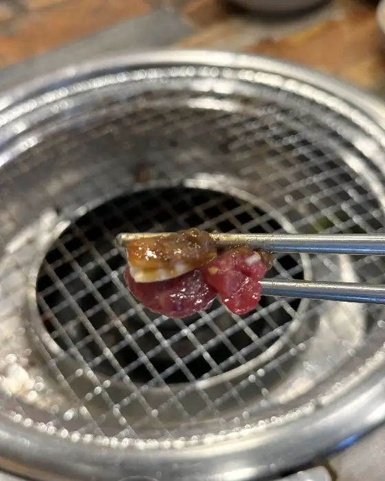 집게로 집어 올린 고기 한 점에 곁들임 소스와 채소