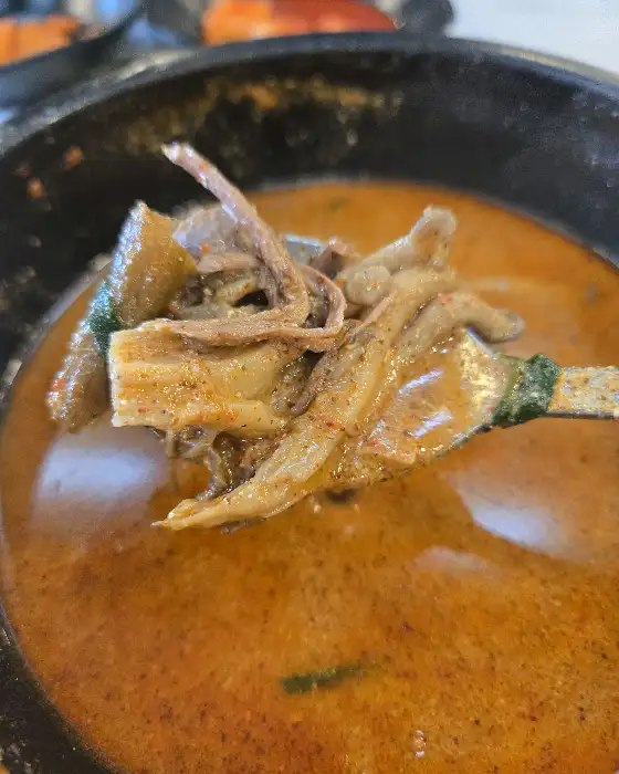 한 숟가락 가득 떠올린 흑염소탕의 내용물