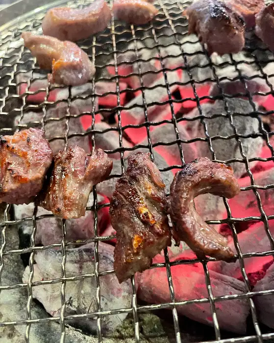 다양한 돼지고기 부위가 숯불 위에서 익어가고 있는 클로즈업 모습