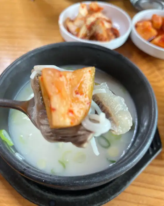 수저에 깍두기, 고기, 면이 함께 담겨 있는 모습