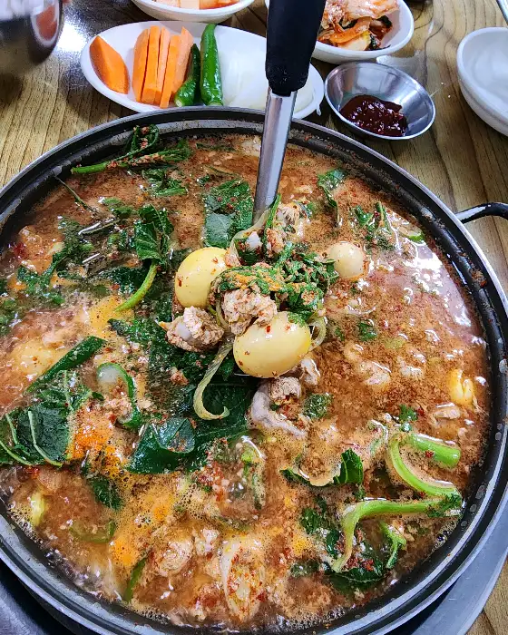 식탁 위에 차려진 닭알탕과 밥, 반찬들