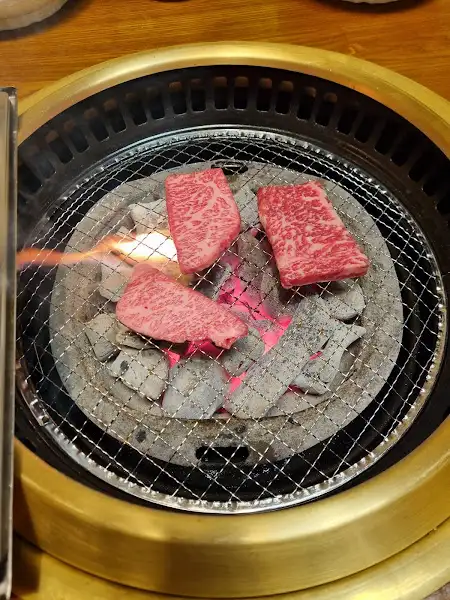 달궈진 숯불 위, 여러 조각의 한우가 지글거리며 익어가고 있다. 불꽃이 고기 표면을 감싸고 있다.