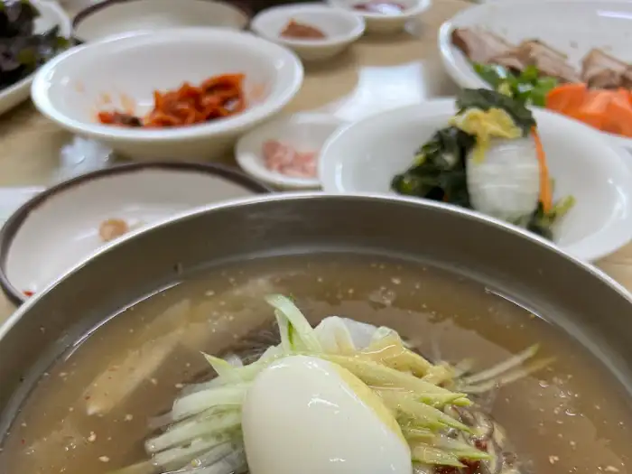 계란 반쪽과 채 썬 오이, 김치 등이 고명으로 올라간 물막국수. 뽀얀 육수가 시원함을 더한다.